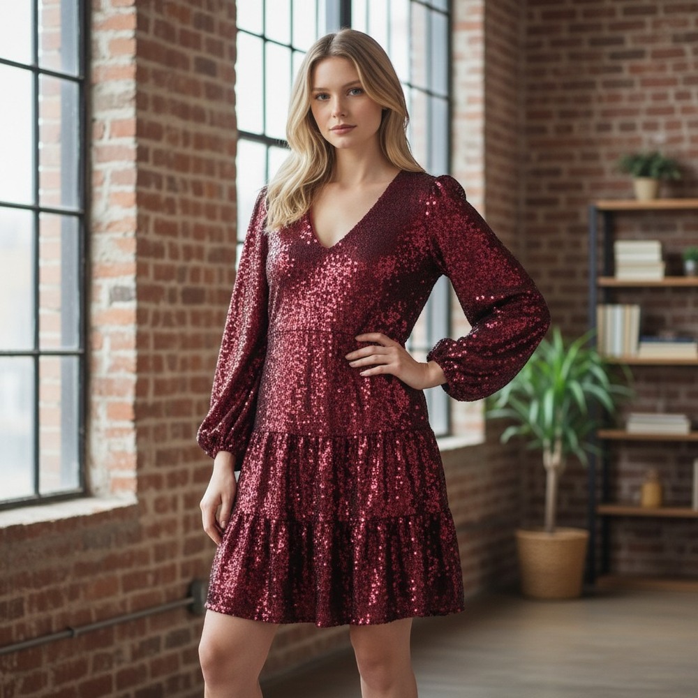 Focus by Shani Sequin Tiered Dress Womens 12 Burgundy V-Neck Balloon Sleeve